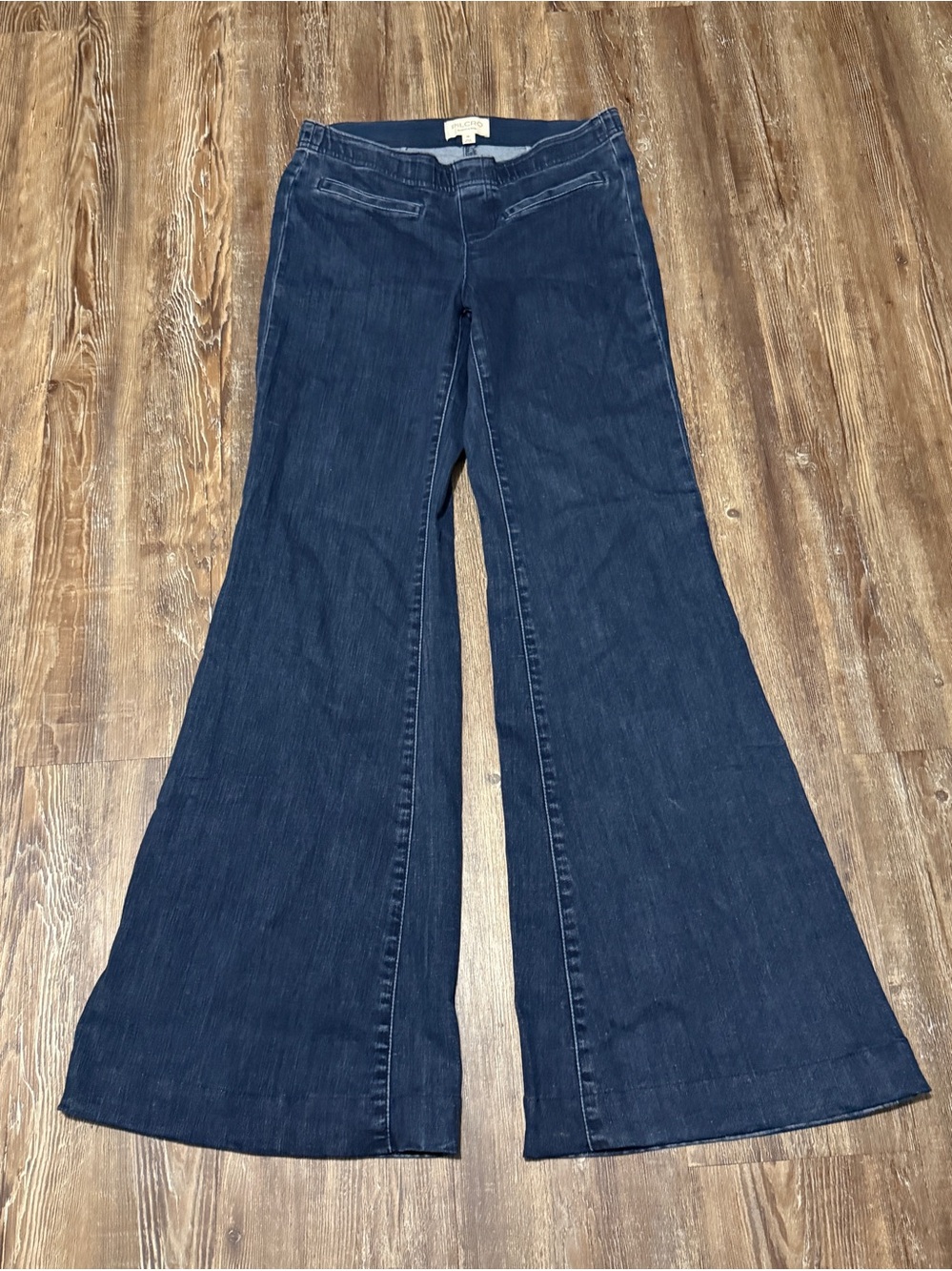 Pilcro Pull On Retro Flare Jeans Women's 26 Dark Wash Slit Faux Pocket Stretch D